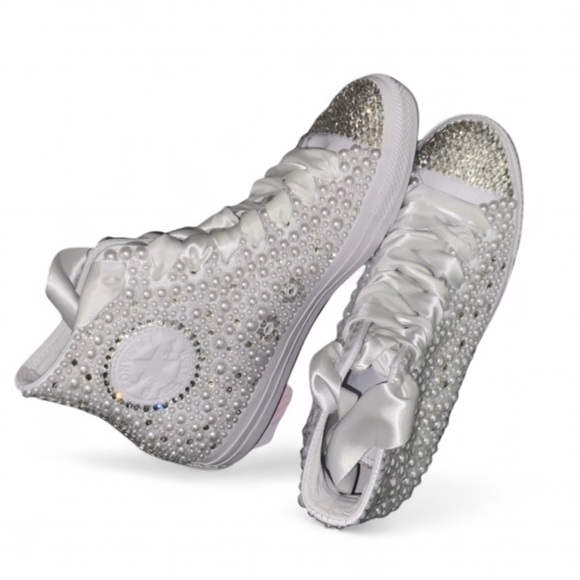 Crystal Diamonds & Pearls High Top Converse Sizes 5-14 New With Ribbon Laces - Picture 5 of 14